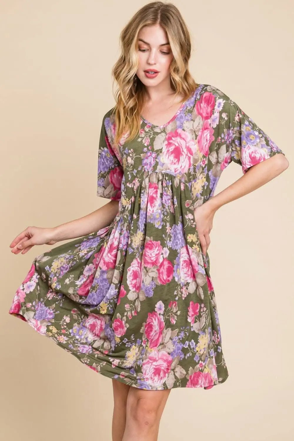 BOMBOM Flower Print V-Neck Ruched Dress for Effortless Elegance - Love Salve